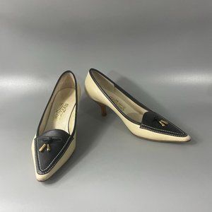 Authentic Salvatore Ferragamo Beige/Black Kitten Heel Pumps, Size 9B